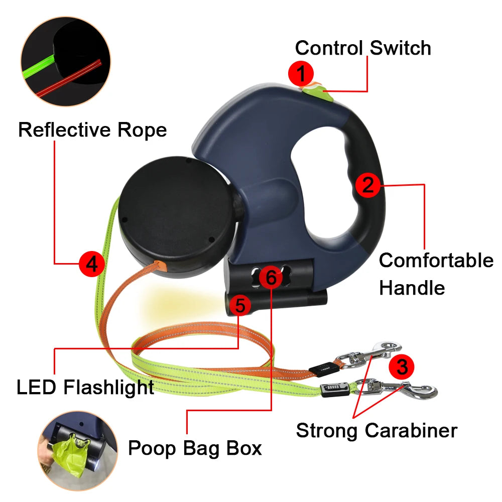Tangle-Free Dual Retractable  Leash with 360° Swivel & Built-In LED Lights