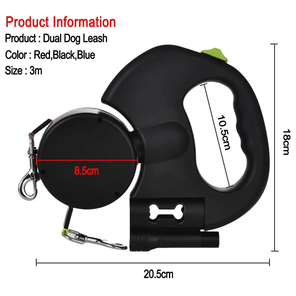Tangle-Free Dual Retractable  Leash with 360° Swivel & Built-In LED Lights
